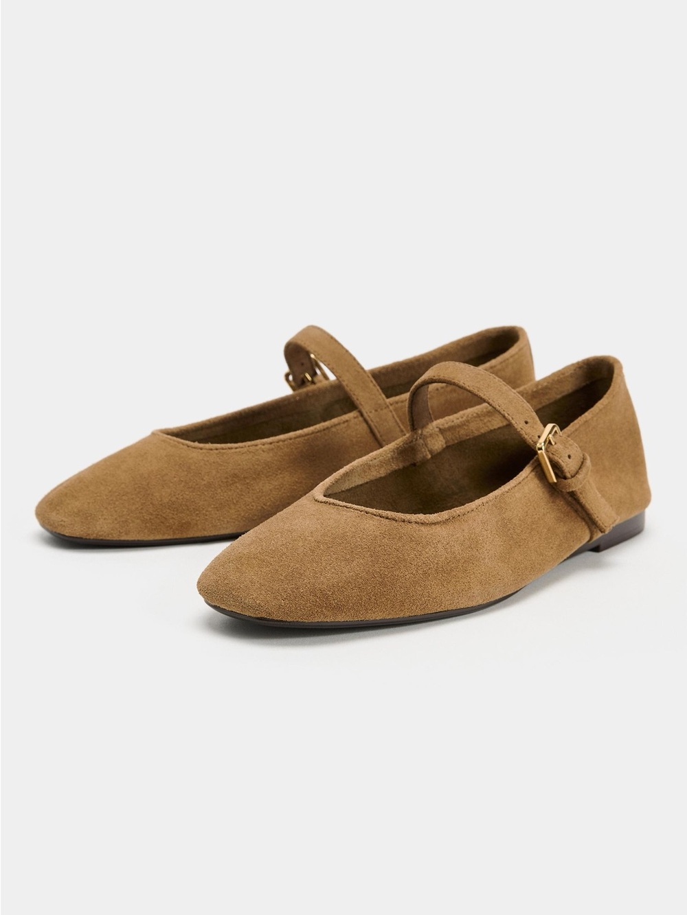 Zara Camel Suede Mary Jane Flats with Gold Buckle